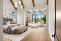 Private primary retreat includes a beautiful, vaulted ceiling with beams and sitting area accessible to the main outdoor living area located on the rear of the home for owner’s privacy.