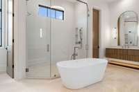 Primary spa-like bath include oversized  double floating vanities  with under mont lighting, 
soaking tub and oversized separate shower.