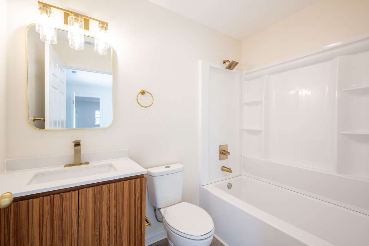 Spacious Tub/Shower Combo, brand new, along with new vanity, toilet, fixtures, flooring, and paint.