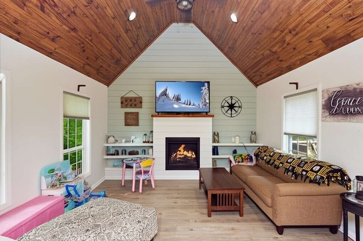 Family room with fireplace that goes to outdoor space. Enjoy your TV time or cozy up by the fireplace.