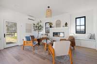 The structure features a fireplace, a full bathroom with a shower.