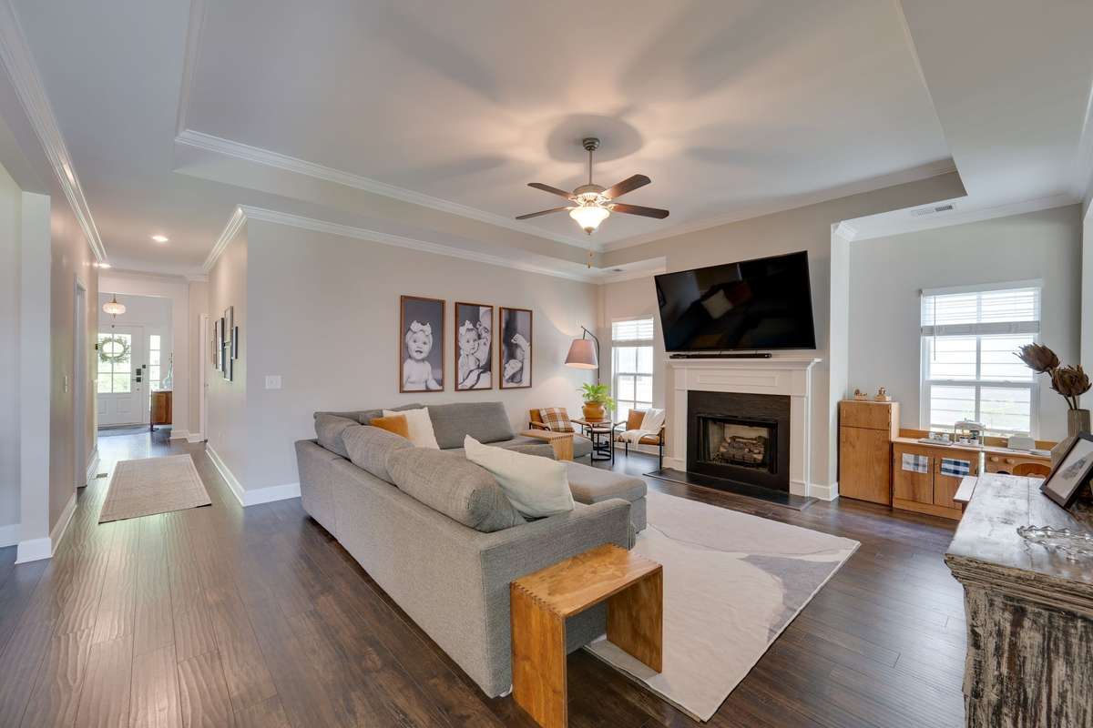 gas fireplace and trey ceiling