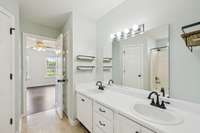 Primary bathroom features a double vanity & linen closet. 101 Briston Ct Murfreesboro, TN 37127