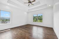 These double windows provide ample natural lighting in the Primary bedroom. Note the double trey ceiling -- such a nice accent!