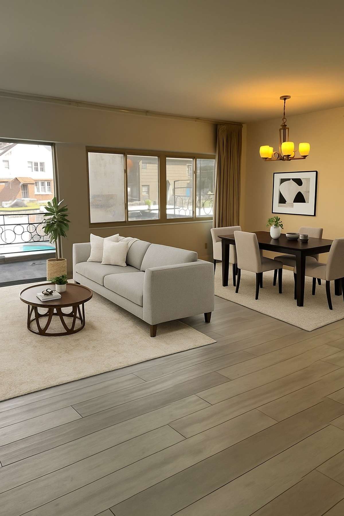 Spacious open living room and dining room. Virtual staging in the picture.
