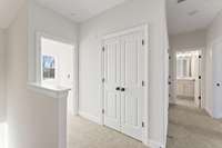 Left to right: primary bedroom, linen closet, laundry room, full bathroom, 2 bedrooms w/ walk-in closets