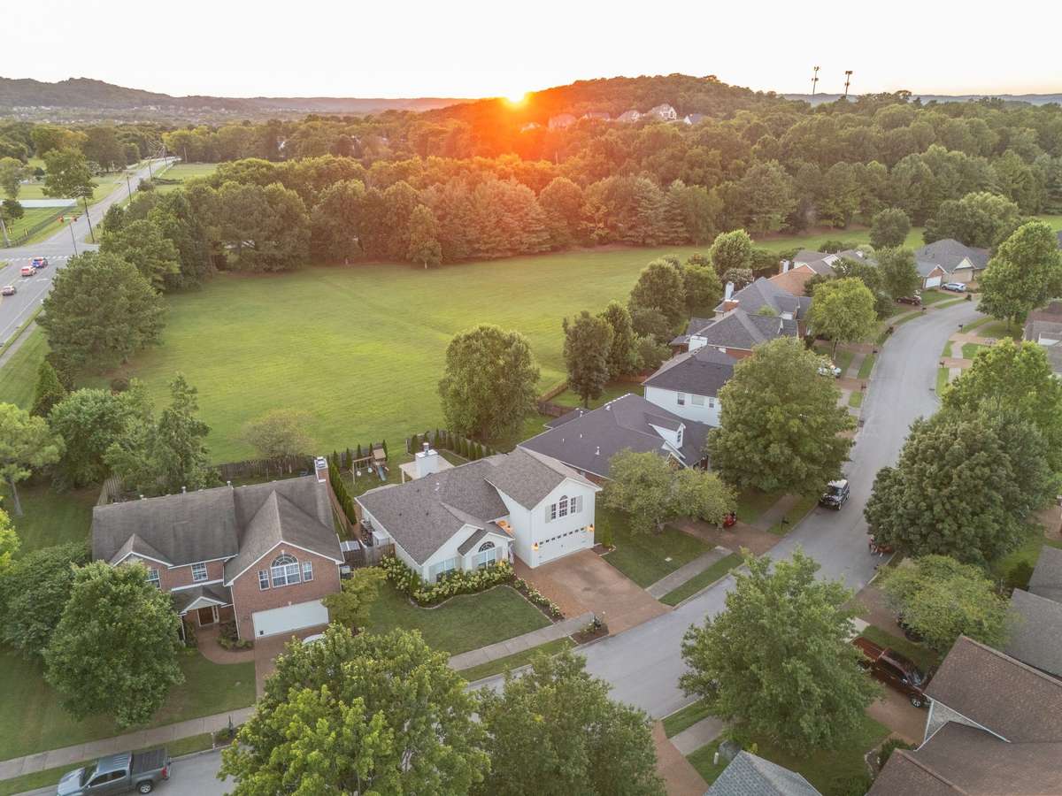 The view of the home overlooking the green space in the backyard!
