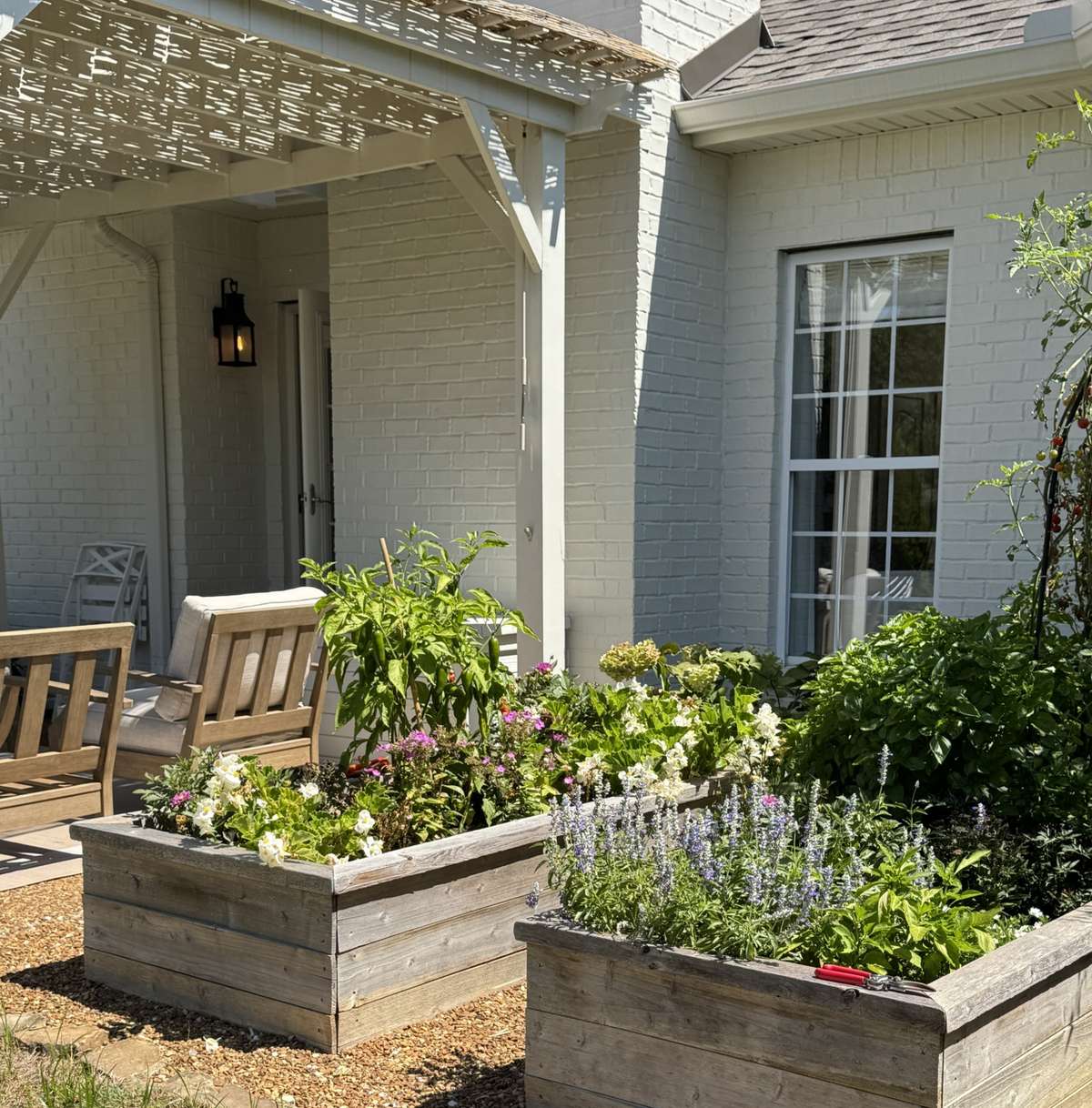 Beautiful picture of the garden in full bloom! 3 raised garden beds with built-in irrigation