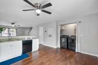 Dedicated laundry closet on the main level—tucked away but easy to access and overhead shelving. Close the curtains when guests are over, open it up when it’s time to get things done. Clean, simple, efficient.