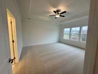 Primary suite with lots of natural light, trey ceiling a ceiling fan.