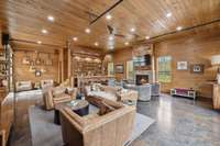 Main lodge bar and sitting room with fireplace