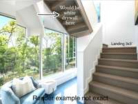 Optional Stair Design Possibility: Standard wood stairwell with landings and half-wall configuration. Render not exact. See next image for steps and landing configuration. See listing verbiage.