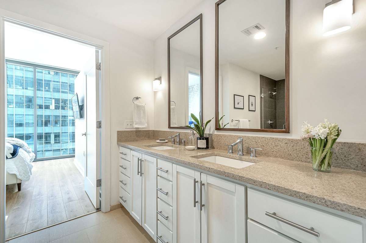 Spacious bathroom with a double vanity and ample storage