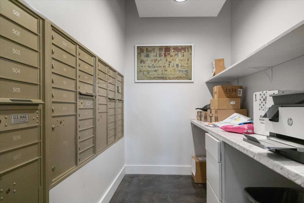 The mail room is located on the first floor, along with a delivery drop-off area.