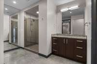 Bathroom with ample space and storage.