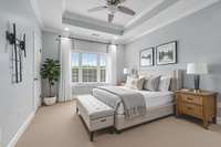 Large ensuite bedroom #1, offering trey ceiling detail large closet, overhead lighting, ample space for a king bed.  **Virtually Staged**