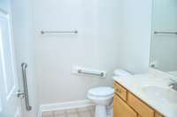 Guest bathroom with accessible bathroom features.Tub/shower combo.