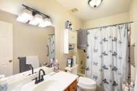 The primary bath has a single vanity and shower/tub combo.