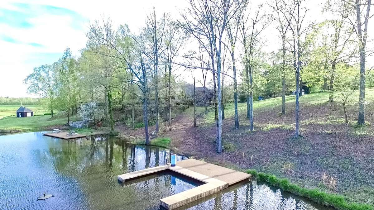 Lake area with docks for fishing in the stocked pond There is also a grilling area built in and a dam for the spring fed pond leading to a draining system throughout the fields