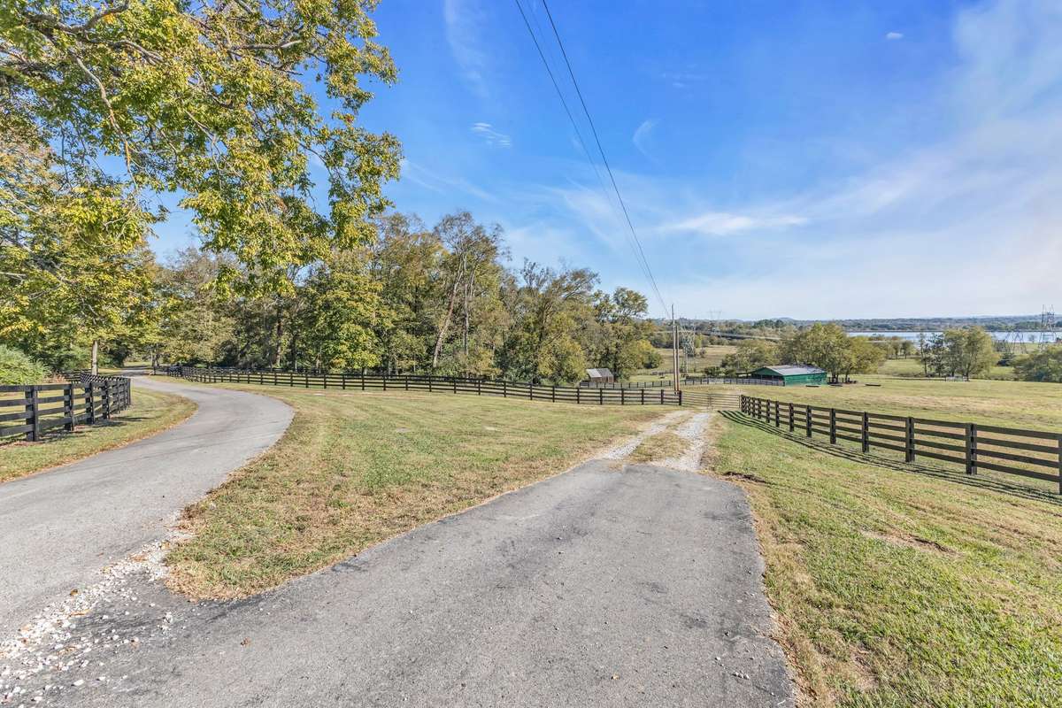 Driveway leading to the additional barn from the house, lined with beautiful trees and 4 rail wood fencing.