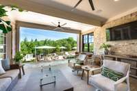 Step outside to a true "outdoor room" where a remote controlled screen can enclose the space. Watch tv indoors or out!