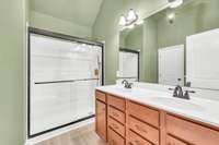 Double vanities + walk-in shower