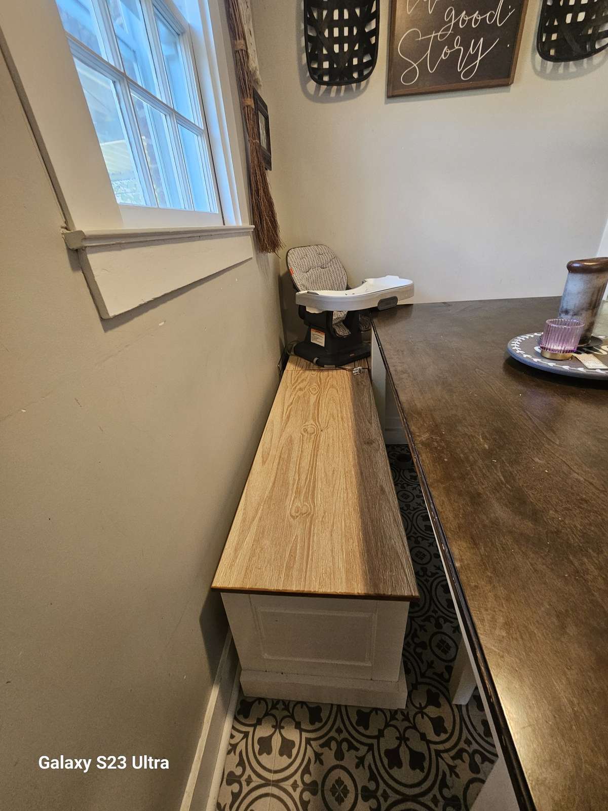Freestanding bench in the dining room adds a warm touch—and it’s yours if you’d like it!