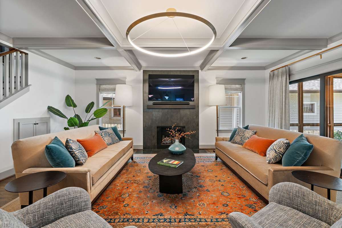 Spacious Living Room with coffered ceilings.