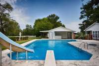 Inground pool- two ladders in deep end, steps in shallow end, water slide