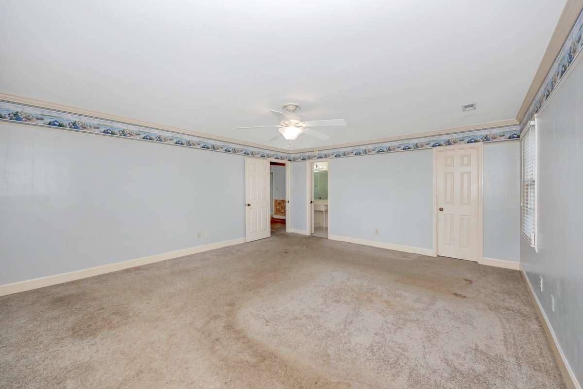 Bedroom- carpet, crown molding, ceiling fan