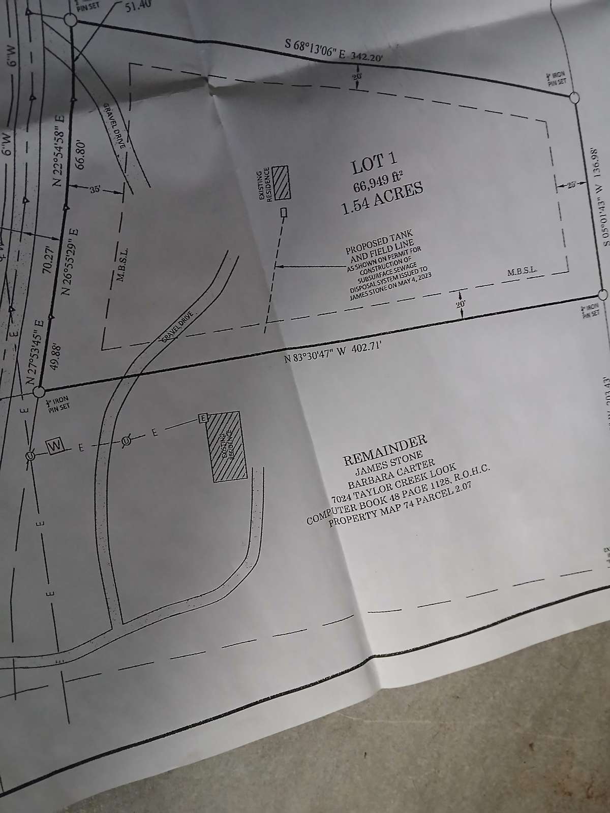 Survey of 1.54 acre tract cut out of original 6.82 acre tract