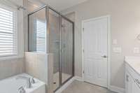 View of your spa tub and the generously sized tiled shower