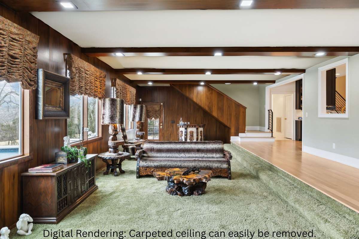 Carpeted ceiling is on paneling and can easily be removed.