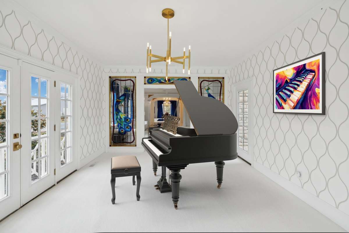 music room with custom stained glass entry and doors overlooking front yard