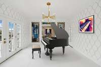 music room with custom stained glass entry and doors overlooking front yard