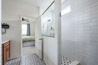 Large walk in shower and tankless water heater keeping us warm and steamy all winter!