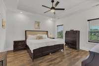 Large master bedroom with trey ceiling and ceiling fan
