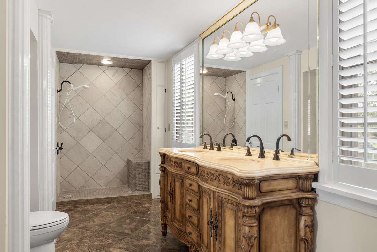 Primary Second Level, Full Walk In Shower, Double Vanity, Marble and Tile