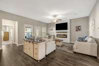 Living Room with ship lap casing, electric fireplace