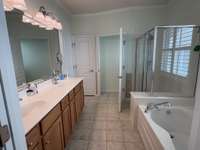 Master bathroom with double vanity, step-in shower and soaking tub.