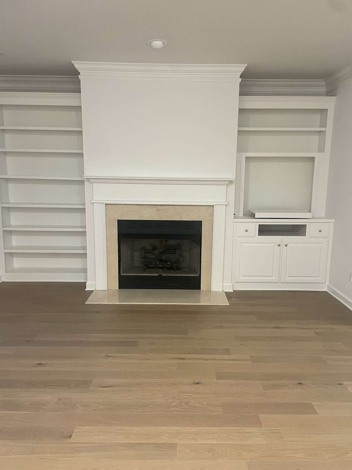 Gas log fireplace and builtin bookcases and cabinet in Living Room