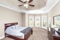 The primary bedroom is so welcoming and spacious! Bay windows let the light flow in!