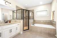 Google Home speakers in the primary bathroom allow you to listen to your favorites tunes or podcast while preparing for your day!