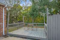 Deck overlooking fenced in backyard off of driveway area