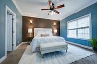 LUXE Primary Suite on Main Level
ON TREND Accent Wall w/ Sconces flanking the Bed