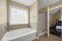 Large Garden tub and separate 4-ft shower with sliding glass doors