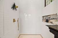 Primary Bathroom with custom Viola Marble imported from Turkey and Waterworks fixtures