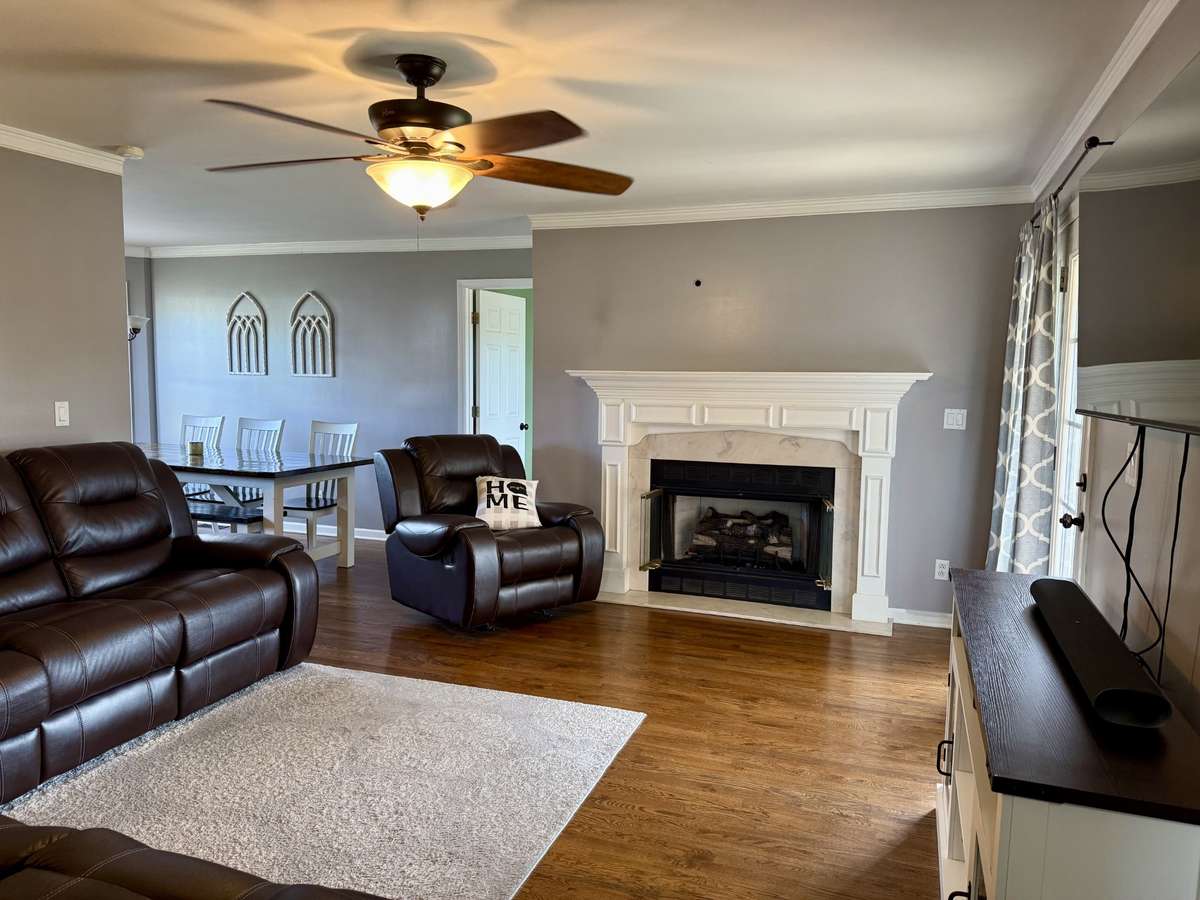 Living room with electric fireplace.