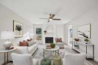 Spacious living room with cozy fireplace