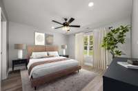 Here's an example of the primary bedroom virtually staged with furniture.